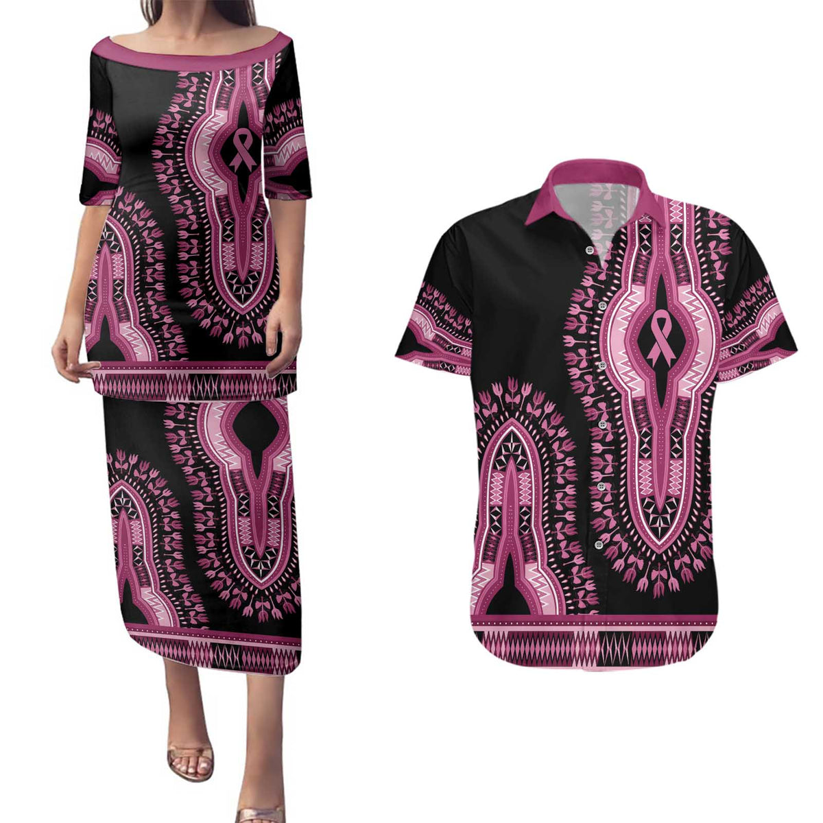 Breast Cancer Awareness Pink Ribbon Couples Matching Puletasi and Hawaiian Shirt Dashiki Style - Wonder Print Shop
