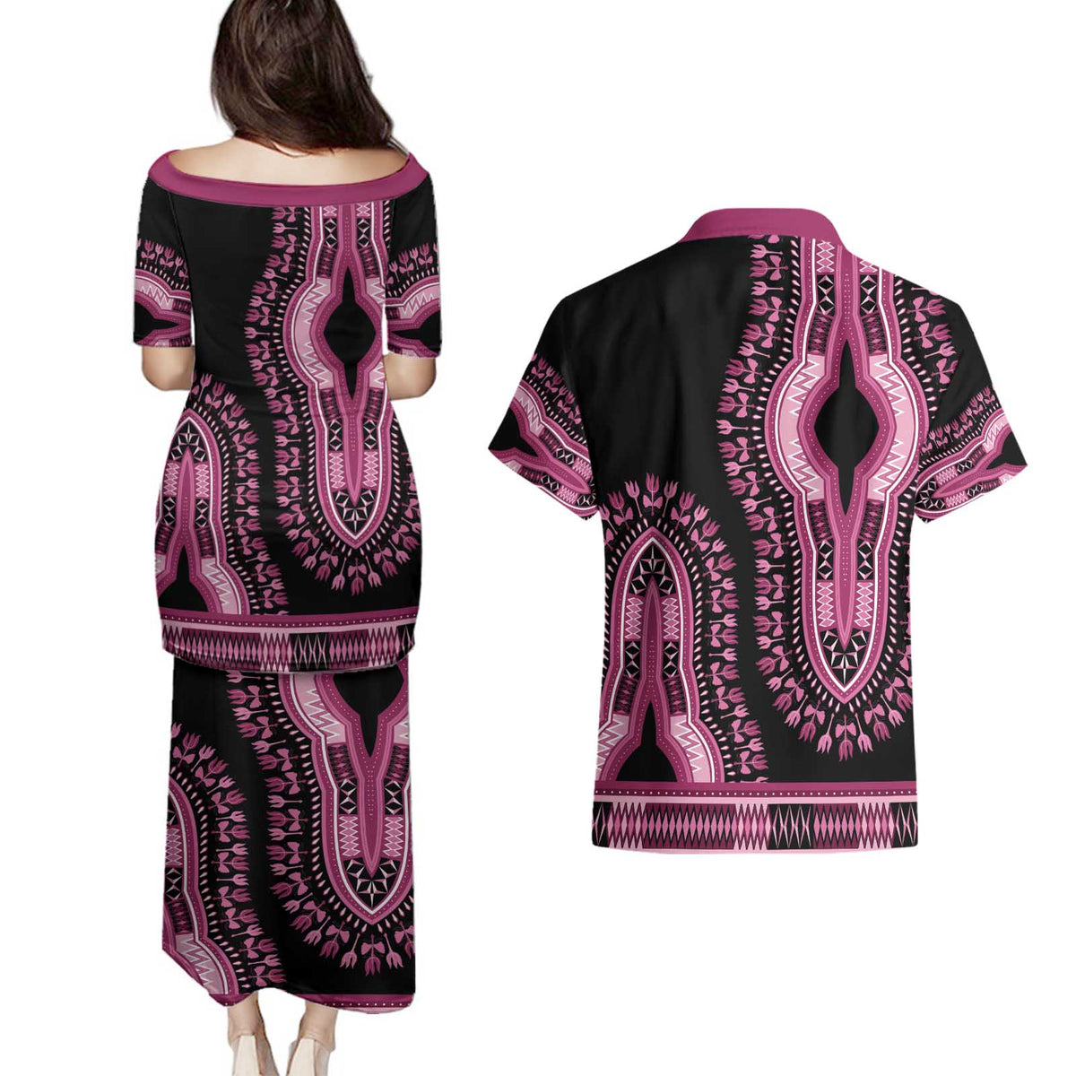 Breast Cancer Awareness Pink Ribbon Couples Matching Puletasi and Hawaiian Shirt Dashiki Style - Wonder Print Shop