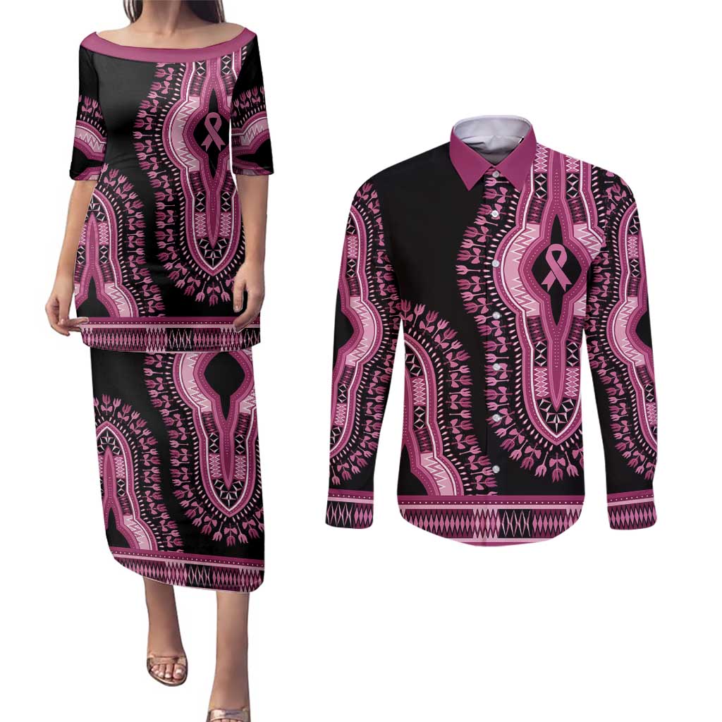 Breast Cancer Awareness Pink Ribbon Couples Matching Puletasi and Long Sleeve Button Shirt Dashiki Style - Wonder Print Shop