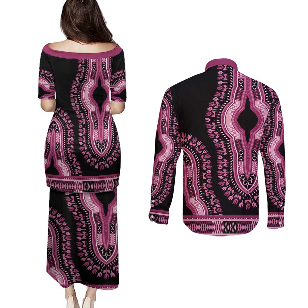 Breast Cancer Awareness Pink Ribbon Couples Matching Puletasi and Long Sleeve Button Shirt Dashiki Style - Wonder Print Shop