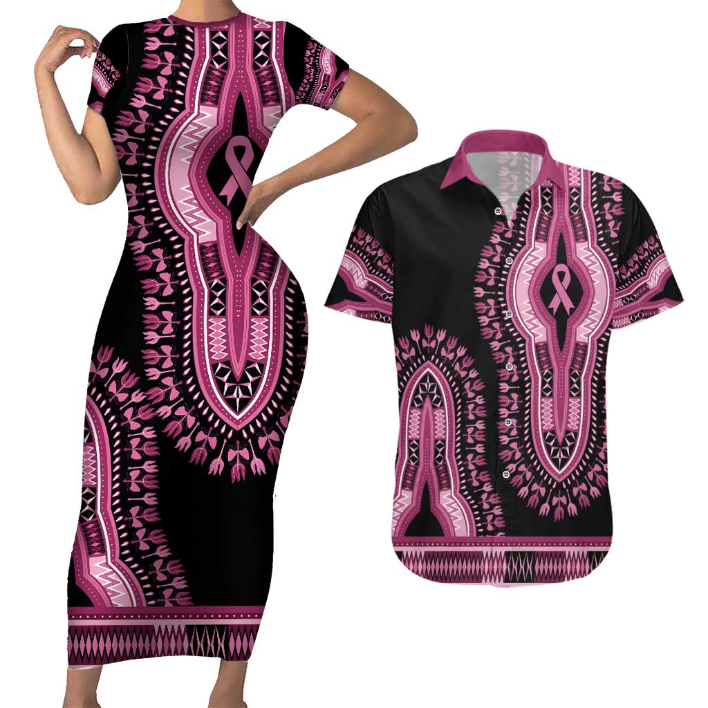 Breast Cancer Awareness Pink Ribbon Couples Matching Short Sleeve Bodycon Dress and Hawaiian Shirt Dashiki Style - Wonder Print Shop