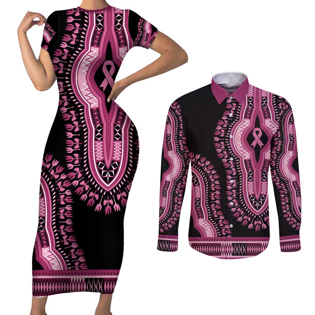 Breast Cancer Awareness Pink Ribbon Couples Matching Short Sleeve Bodycon Dress and Long Sleeve Button Shirt Dashiki Style - Wonder Print Shop