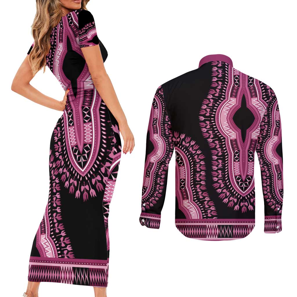 Breast Cancer Awareness Pink Ribbon Couples Matching Short Sleeve Bodycon Dress and Long Sleeve Button Shirt Dashiki Style - Wonder Print Shop