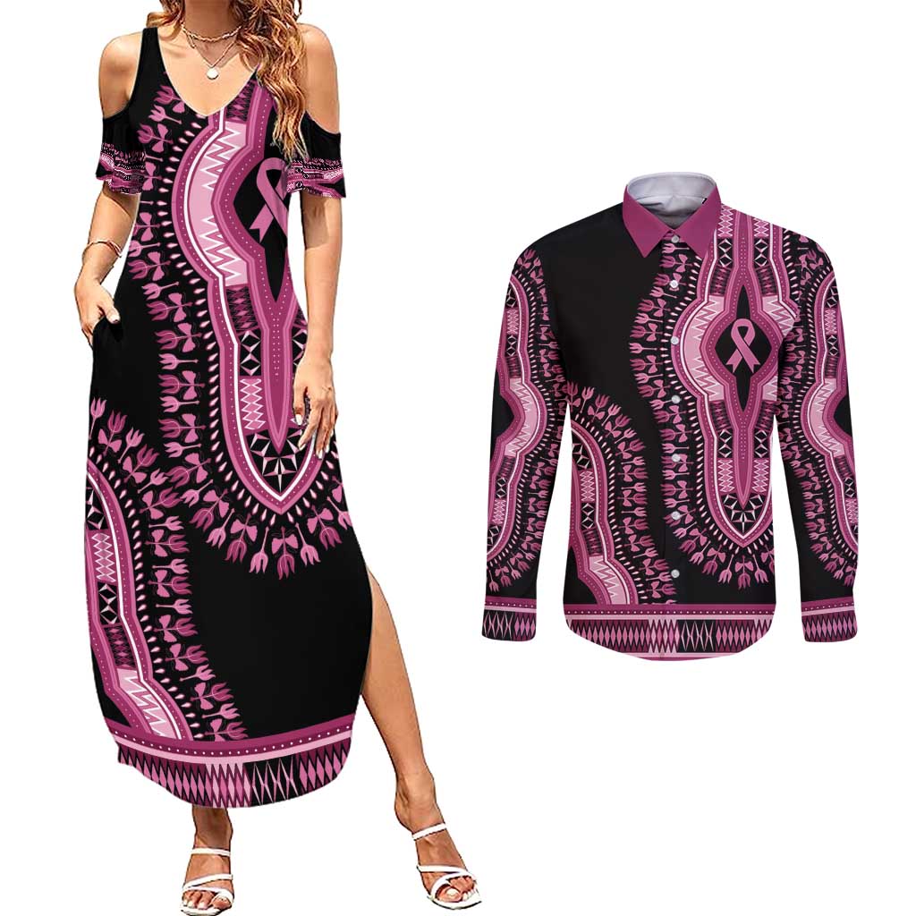 Breast Cancer Awareness Pink Ribbon Couples Matching Summer Maxi Dress and Long Sleeve Button Shirt Dashiki Style - Wonder Print Shop
