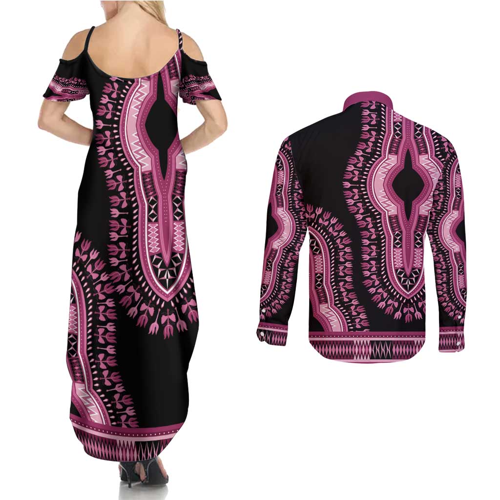 Breast Cancer Awareness Pink Ribbon Couples Matching Summer Maxi Dress and Long Sleeve Button Shirt Dashiki Style - Wonder Print Shop