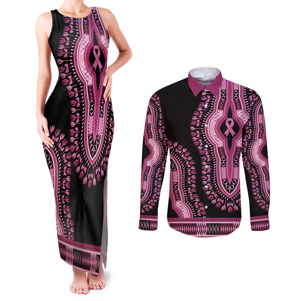 Breast Cancer Awareness Pink Ribbon Couples Matching Tank Maxi Dress and Long Sleeve Button Shirt Dashiki Style - Wonder Print Shop