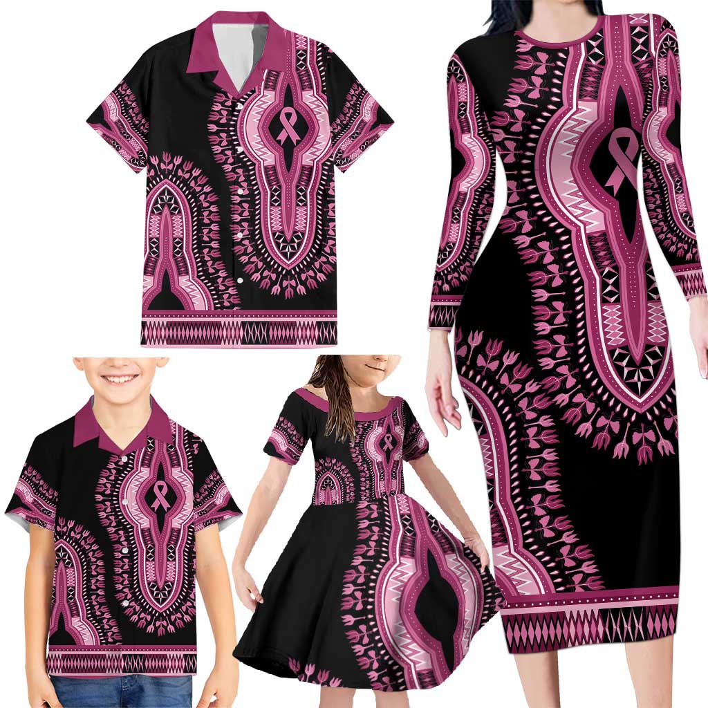 Breast Cancer Awareness Pink Ribbon Family Matching Long Sleeve Bodycon Dress and Hawaiian Shirt Dashiki Style - Wonder Print Shop