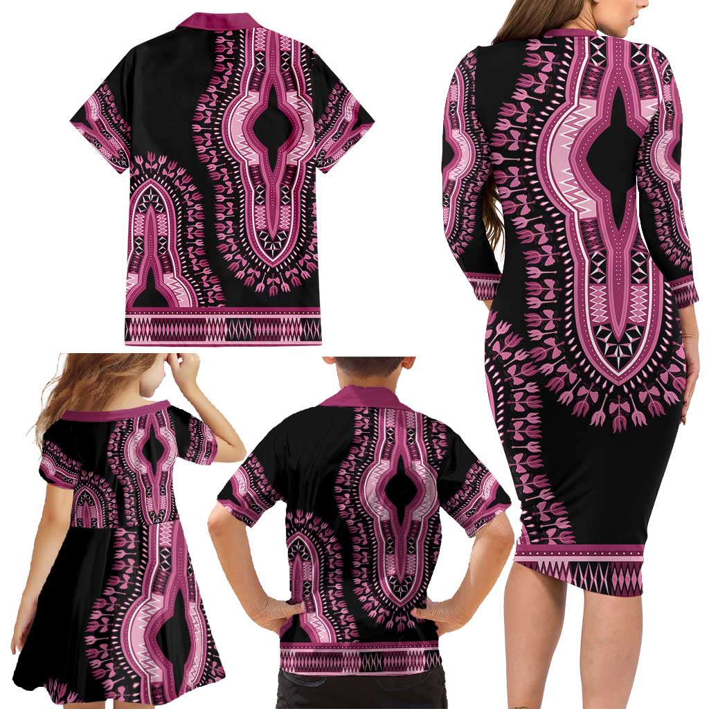 Breast Cancer Awareness Pink Ribbon Family Matching Long Sleeve Bodycon Dress and Hawaiian Shirt Dashiki Style - Wonder Print Shop