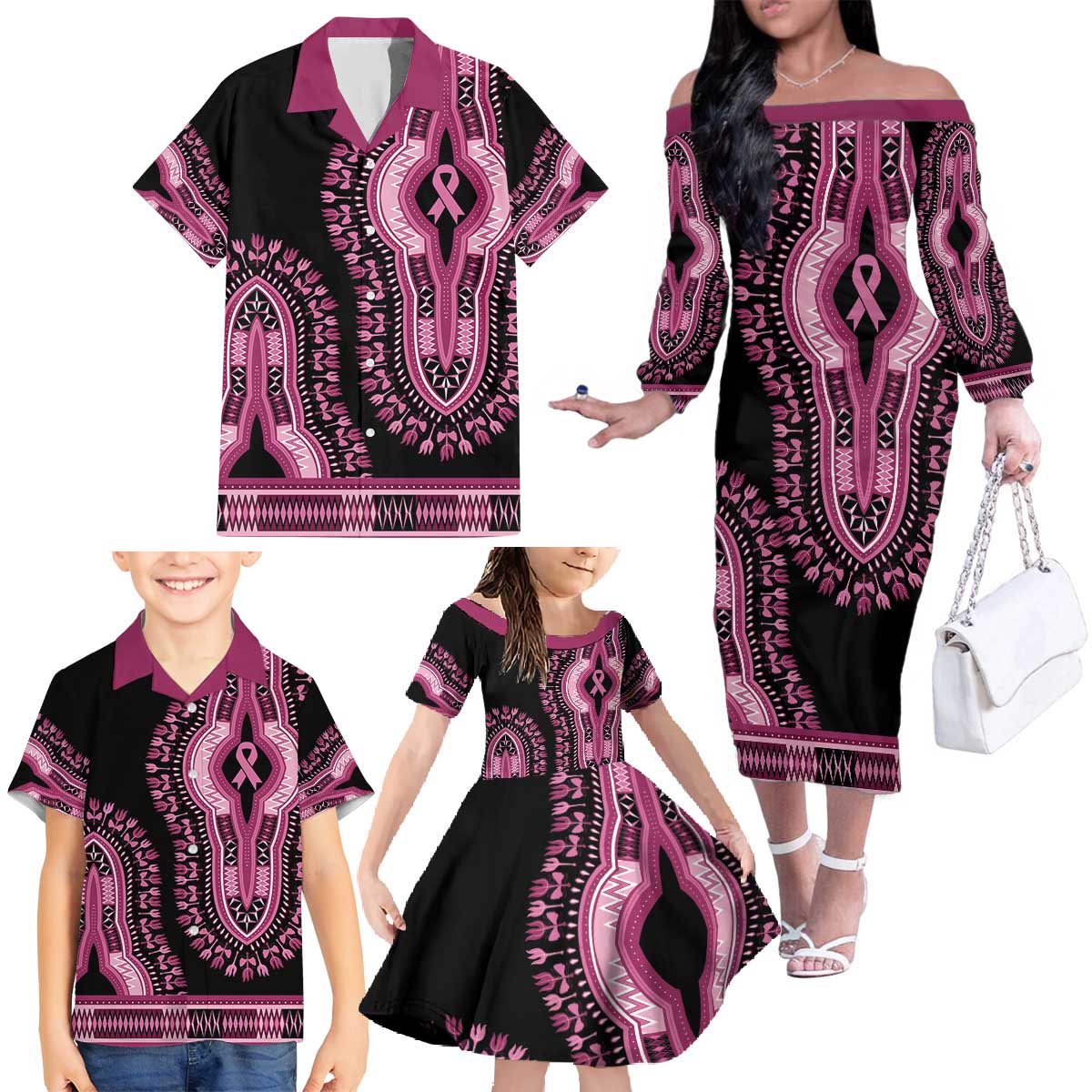 Breast Cancer Awareness Pink Ribbon Family Matching Off The Shoulder Long Sleeve Dress and Hawaiian Shirt Dashiki Style - Wonder Print Shop