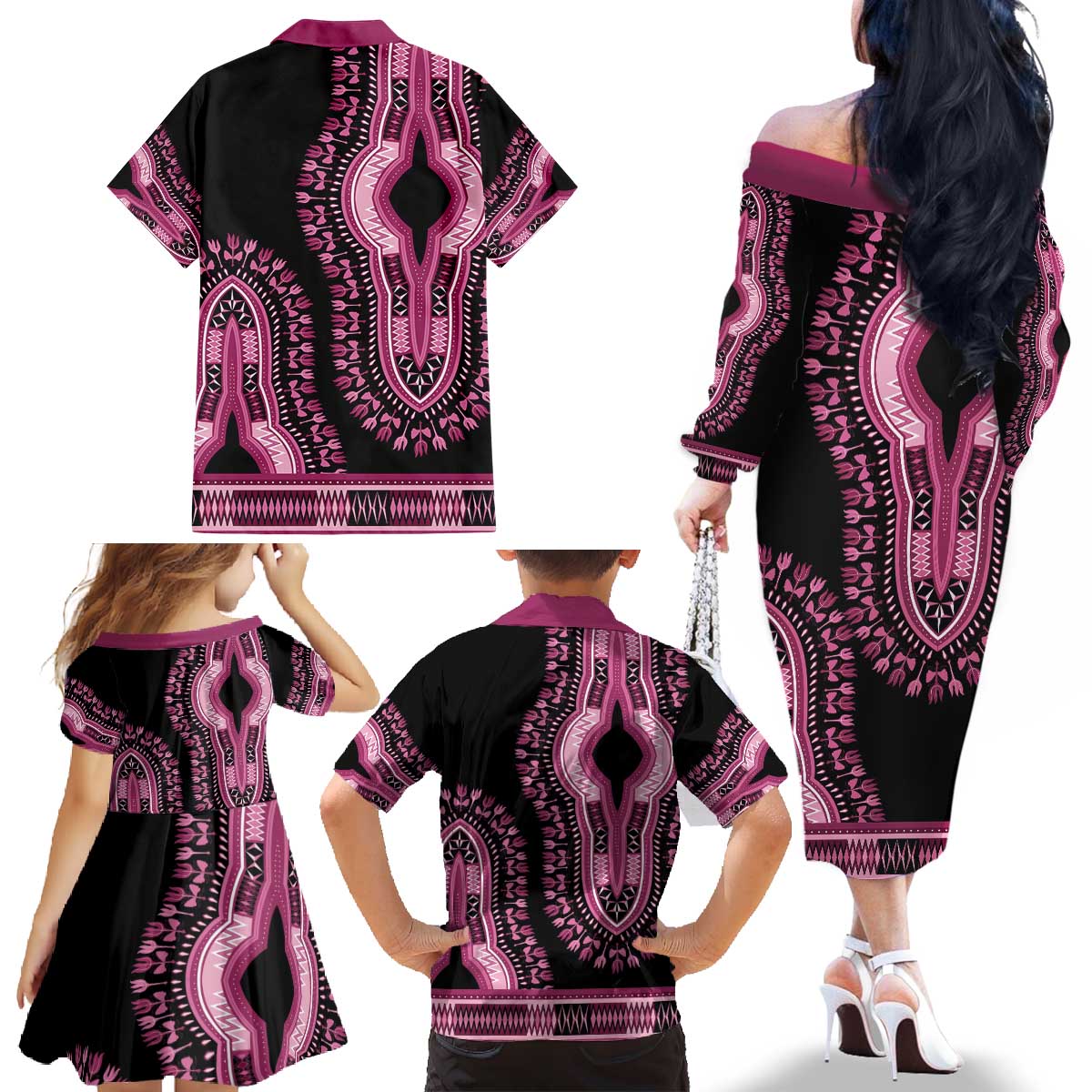 Breast Cancer Awareness Pink Ribbon Family Matching Off The Shoulder Long Sleeve Dress and Hawaiian Shirt Dashiki Style - Wonder Print Shop