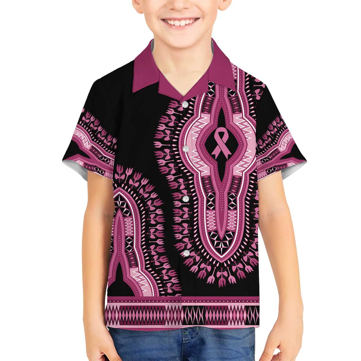 Breast Cancer Awareness Pink Ribbon Family Matching Off The Shoulder Long Sleeve Dress and Hawaiian Shirt Dashiki Style - Wonder Print Shop