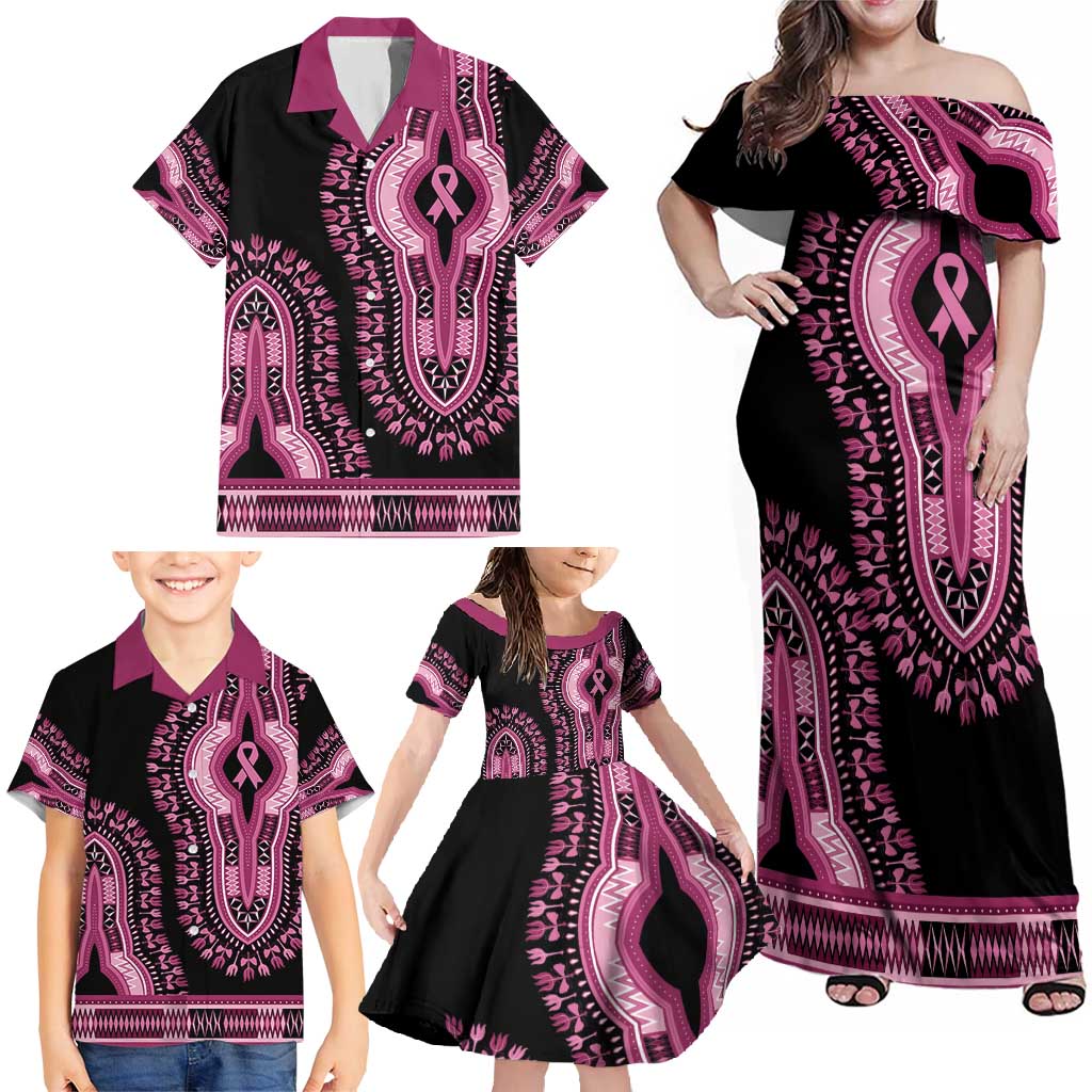 Breast Cancer Awareness Pink Ribbon Family Matching Off Shoulder Maxi Dress and Hawaiian Shirt Dashiki Style - Wonder Print Shop