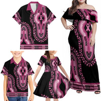Breast Cancer Awareness Pink Ribbon Family Matching Off Shoulder Maxi Dress and Hawaiian Shirt Dashiki Style - Wonder Print Shop