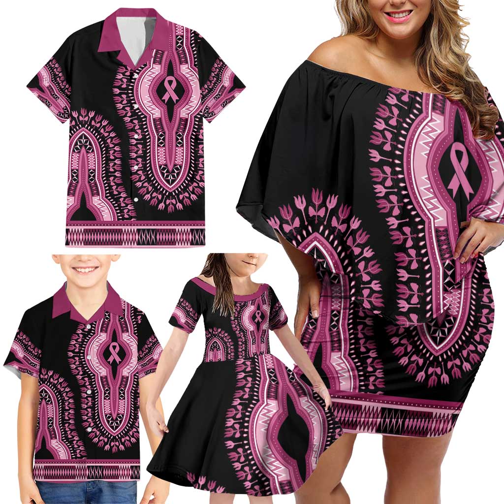 Breast Cancer Awareness Pink Ribbon Family Matching Off Shoulder Short Dress and Hawaiian Shirt Dashiki Style - Wonder Print Shop