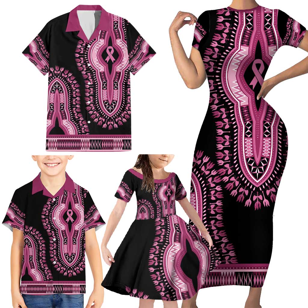 Breast Cancer Awareness Pink Ribbon Family Matching Short Sleeve Bodycon Dress and Hawaiian Shirt Dashiki Style - Wonder Print Shop
