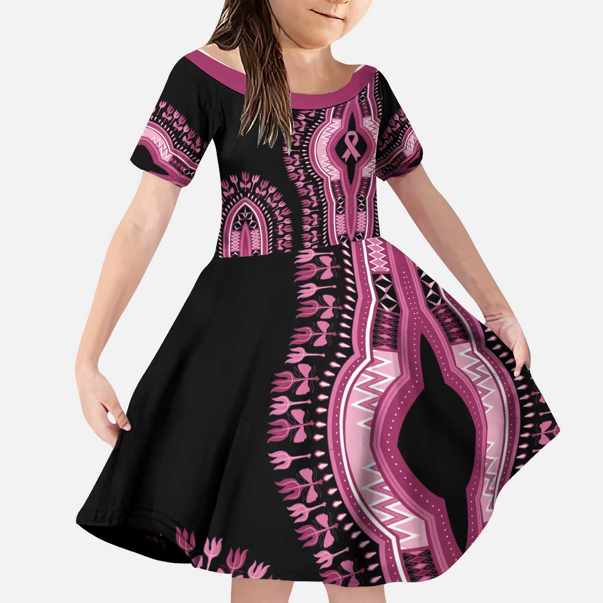 Breast Cancer Awareness Pink Ribbon Kid Short Sleeve Dress Dashiki Style - Wonder Print Shop