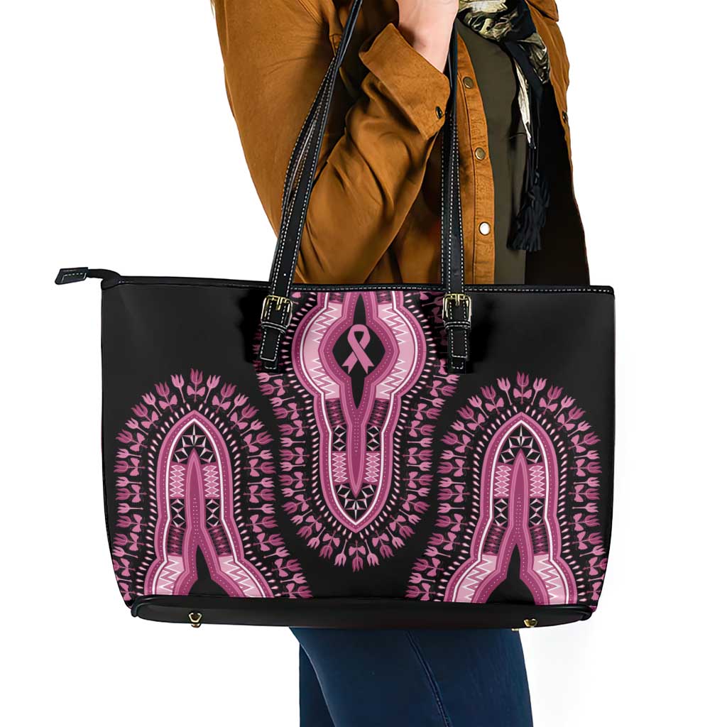 Breast Cancer Awareness Pink Ribbon Leather Tote Bag Dashiki Style - Wonder Print Shop