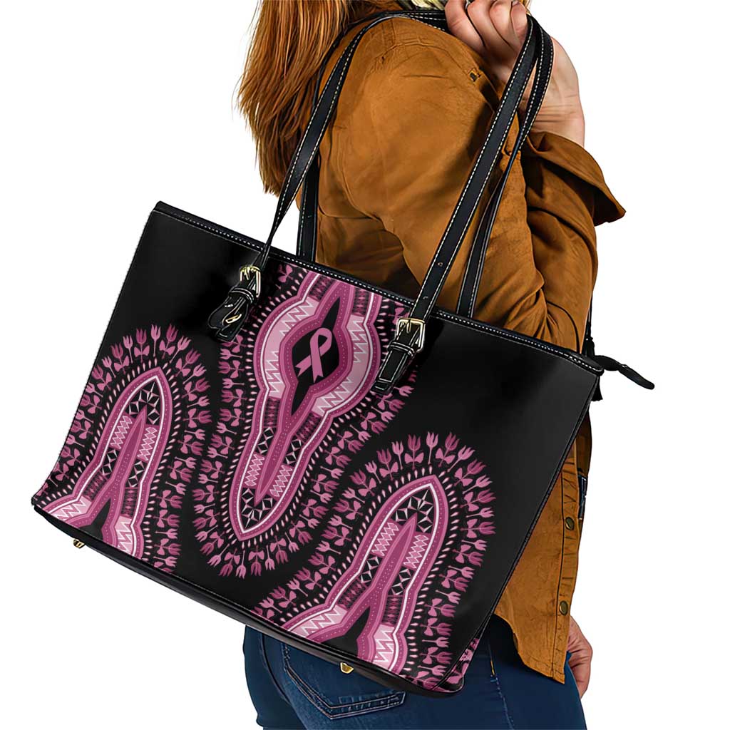 Breast Cancer Awareness Pink Ribbon Leather Tote Bag Dashiki Style - Wonder Print Shop