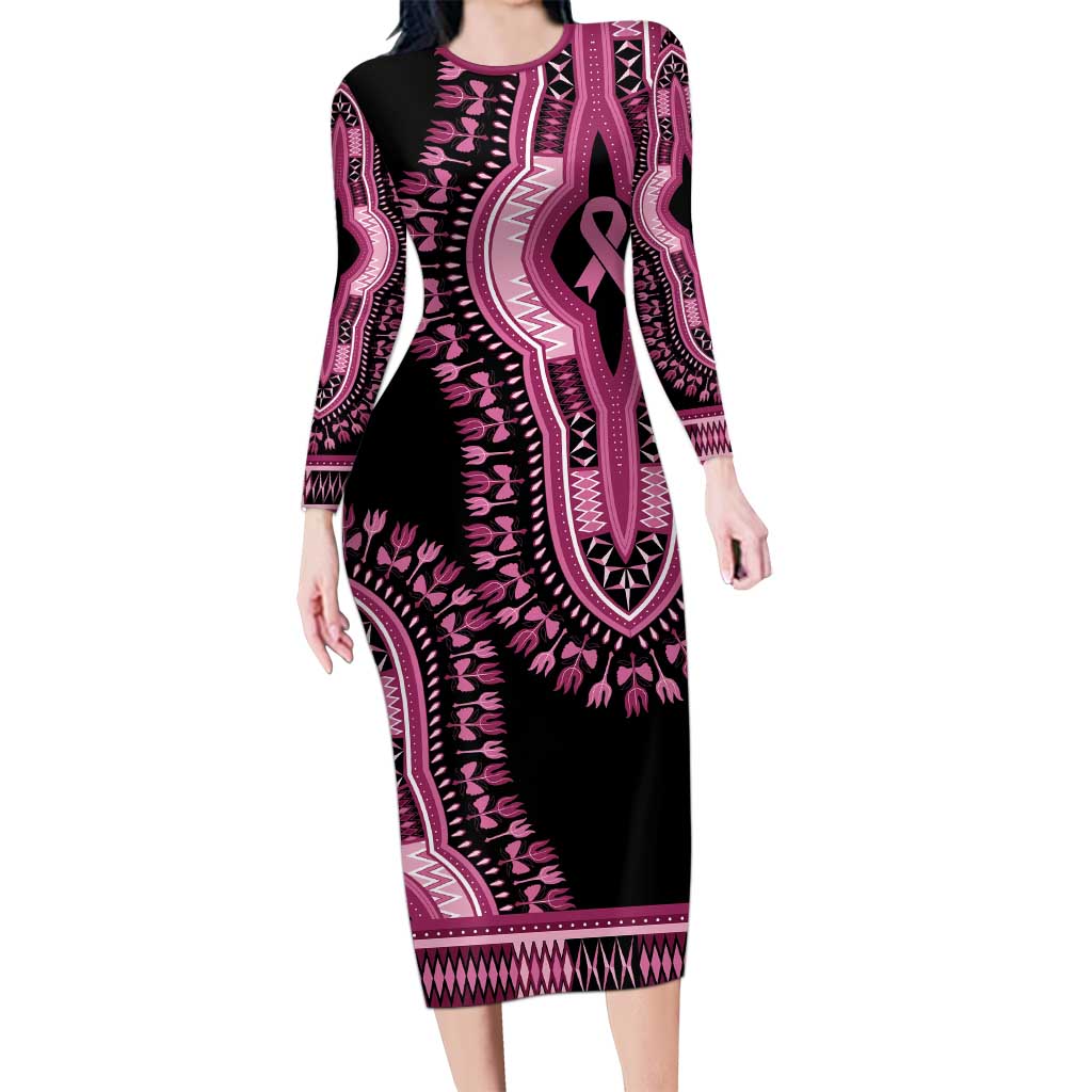 Breast Cancer Awareness Pink Ribbon Long Sleeve Bodycon Dress Dashiki Style - Wonder Print Shop