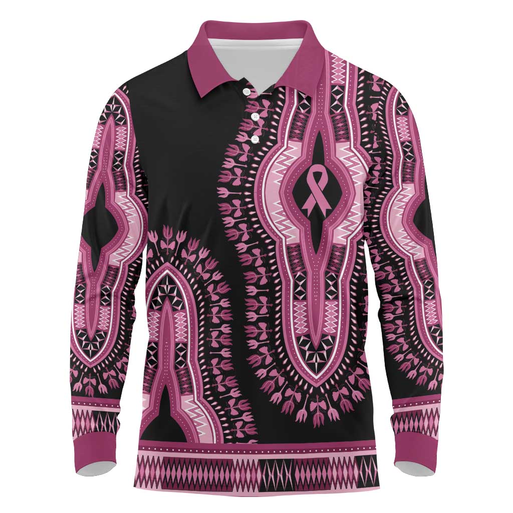 Breast Cancer Awareness Pink Ribbon Long Sleeve Polo Shirt Dashiki Style - Wonder Print Shop