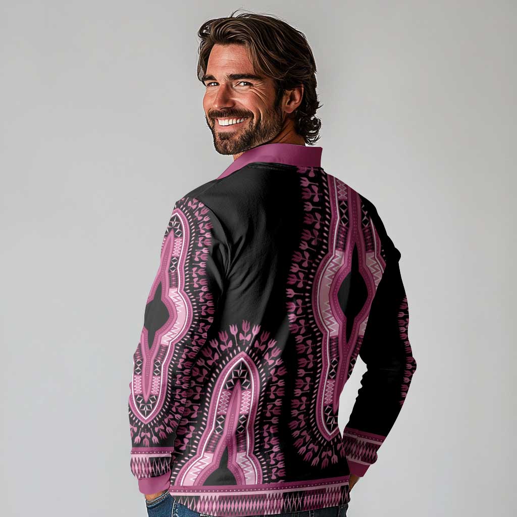 Breast Cancer Awareness Pink Ribbon Long Sleeve Polo Shirt Dashiki Style - Wonder Print Shop
