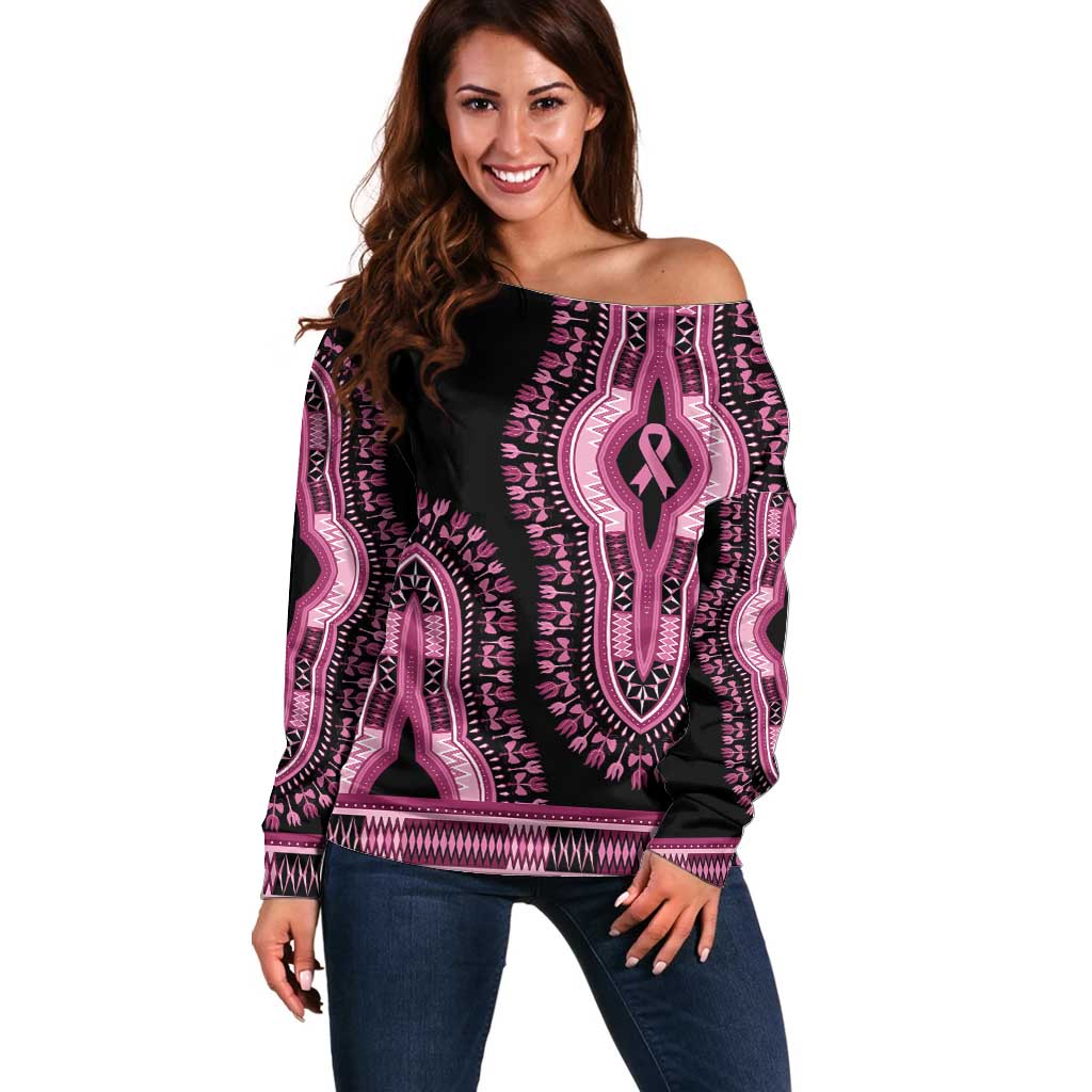 Breast Cancer Awareness Pink Ribbon Off Shoulder Sweater Dashiki Style - Wonder Print Shop