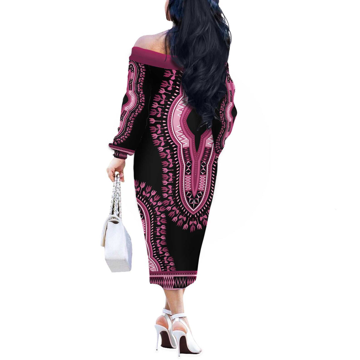 Breast Cancer Awareness Pink Ribbon Off The Shoulder Long Sleeve Dress Dashiki Style - Wonder Print Shop