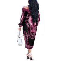 Breast Cancer Awareness Pink Ribbon Off The Shoulder Long Sleeve Dress Dashiki Style - Wonder Print Shop