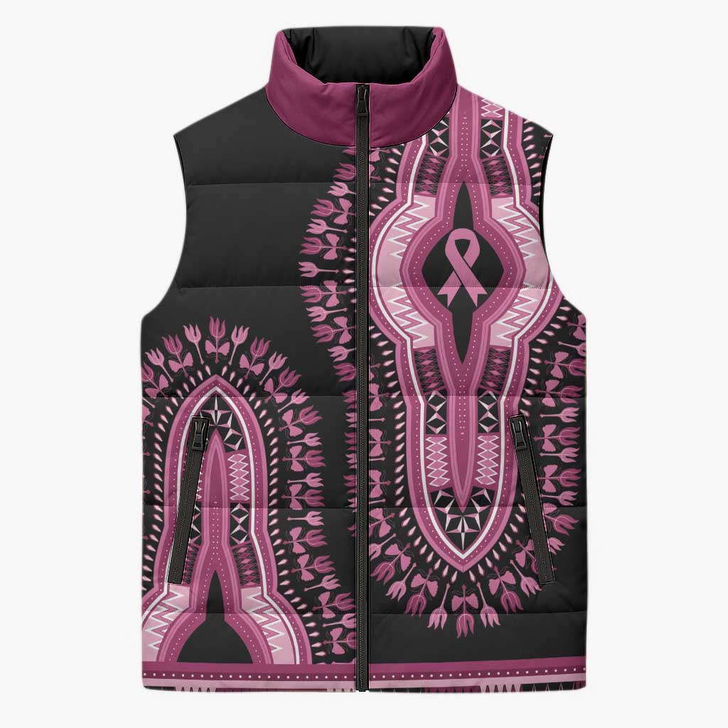 Breast Cancer Awareness Pink Ribbon Sleeveless Puffer Jacket Dashiki Style - Wonder Print Shop
