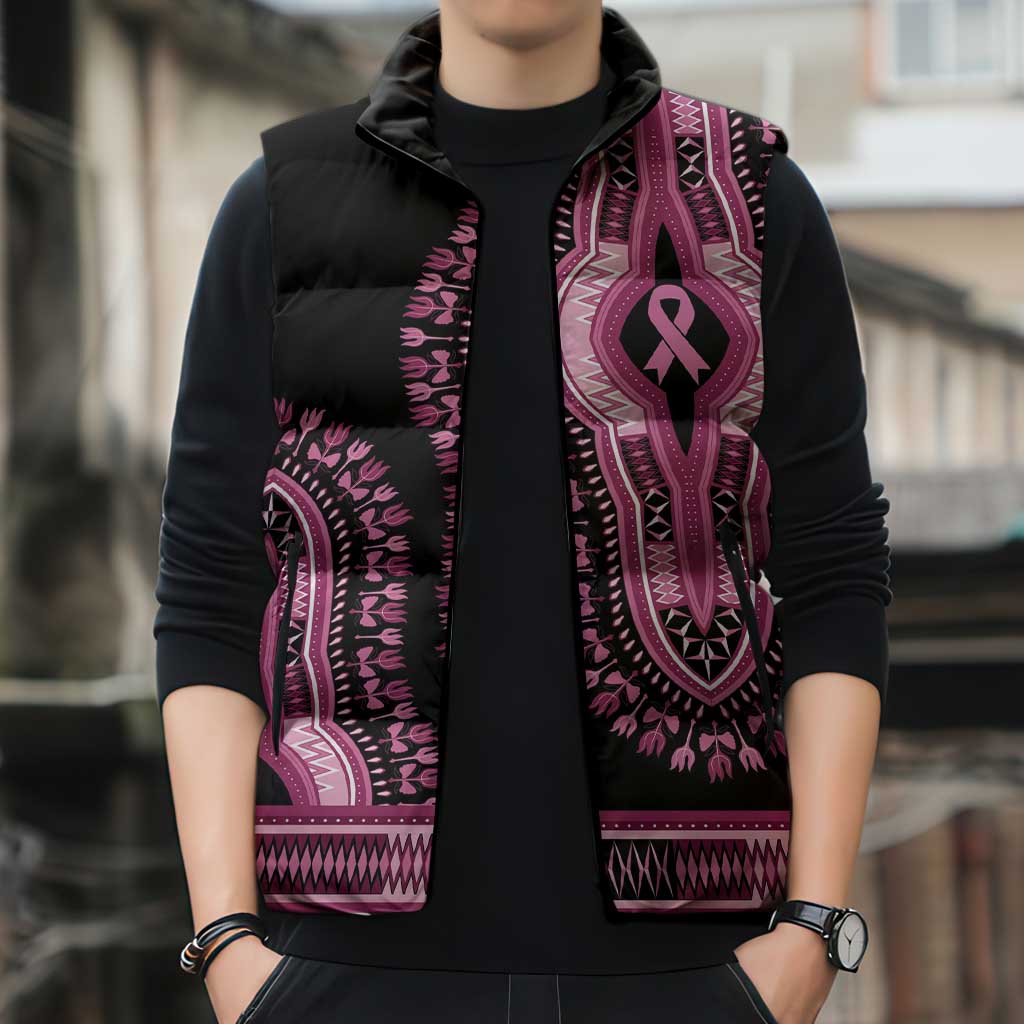 Breast Cancer Awareness Pink Ribbon Sleeveless Puffer Jacket Dashiki Style - Wonder Print Shop