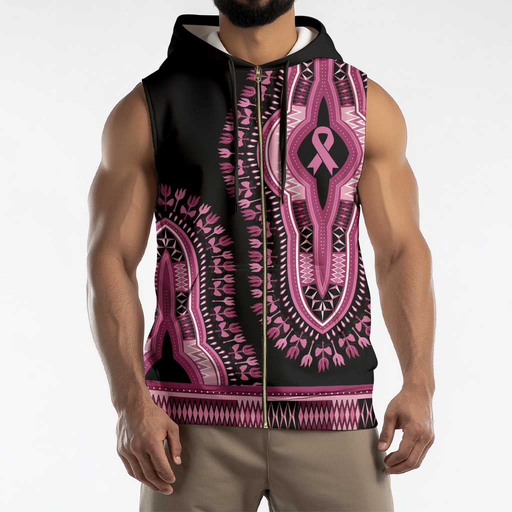 Breast Cancer Awareness Pink Ribbon Sleeveless Zip Hoodie Dashiki Style - Wonder Print Shop