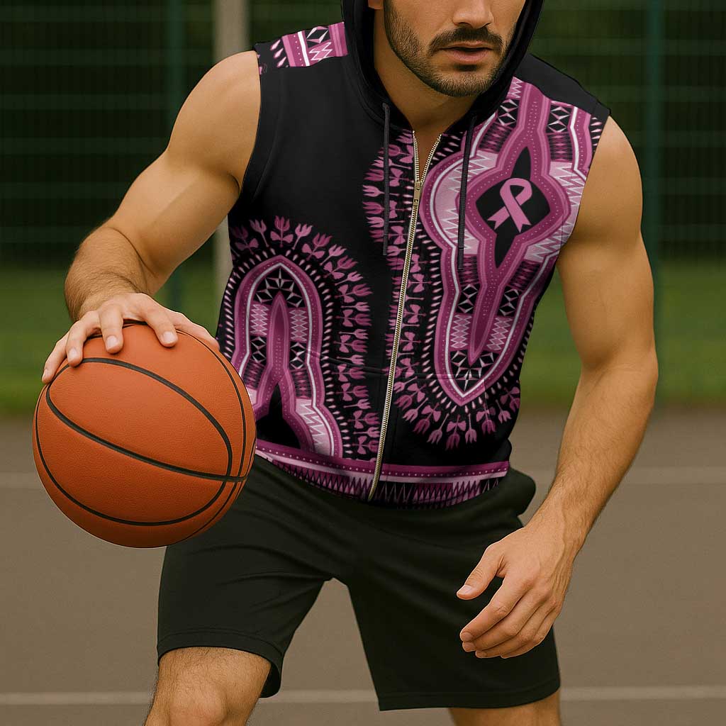 Breast Cancer Awareness Pink Ribbon Sleeveless Zip Hoodie Dashiki Style - Wonder Print Shop