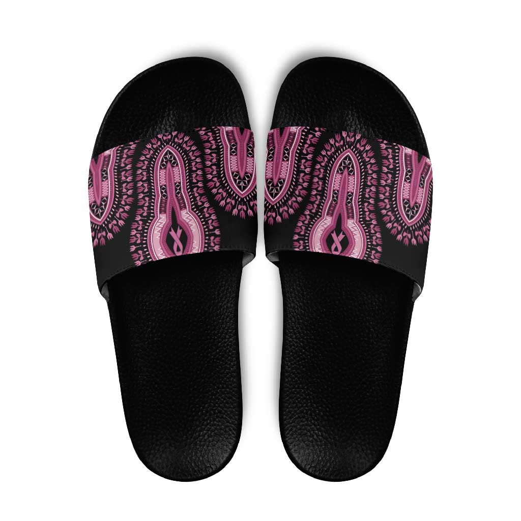 Breast Cancer Awareness Pink Ribbon Slide Sandals Dashiki Style - Wonder Print Shop