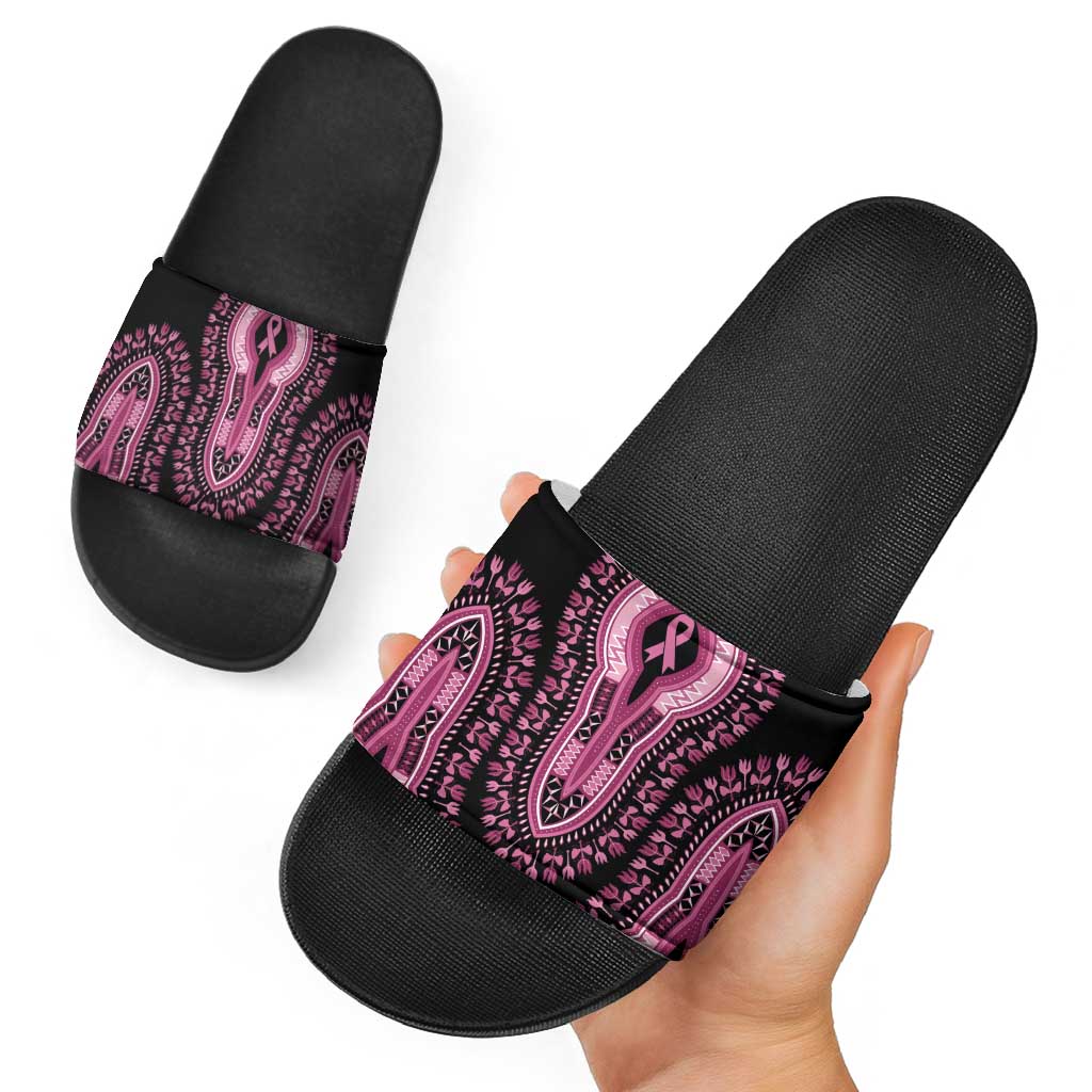 Breast Cancer Awareness Pink Ribbon Slide Sandals Dashiki Style - Wonder Print Shop