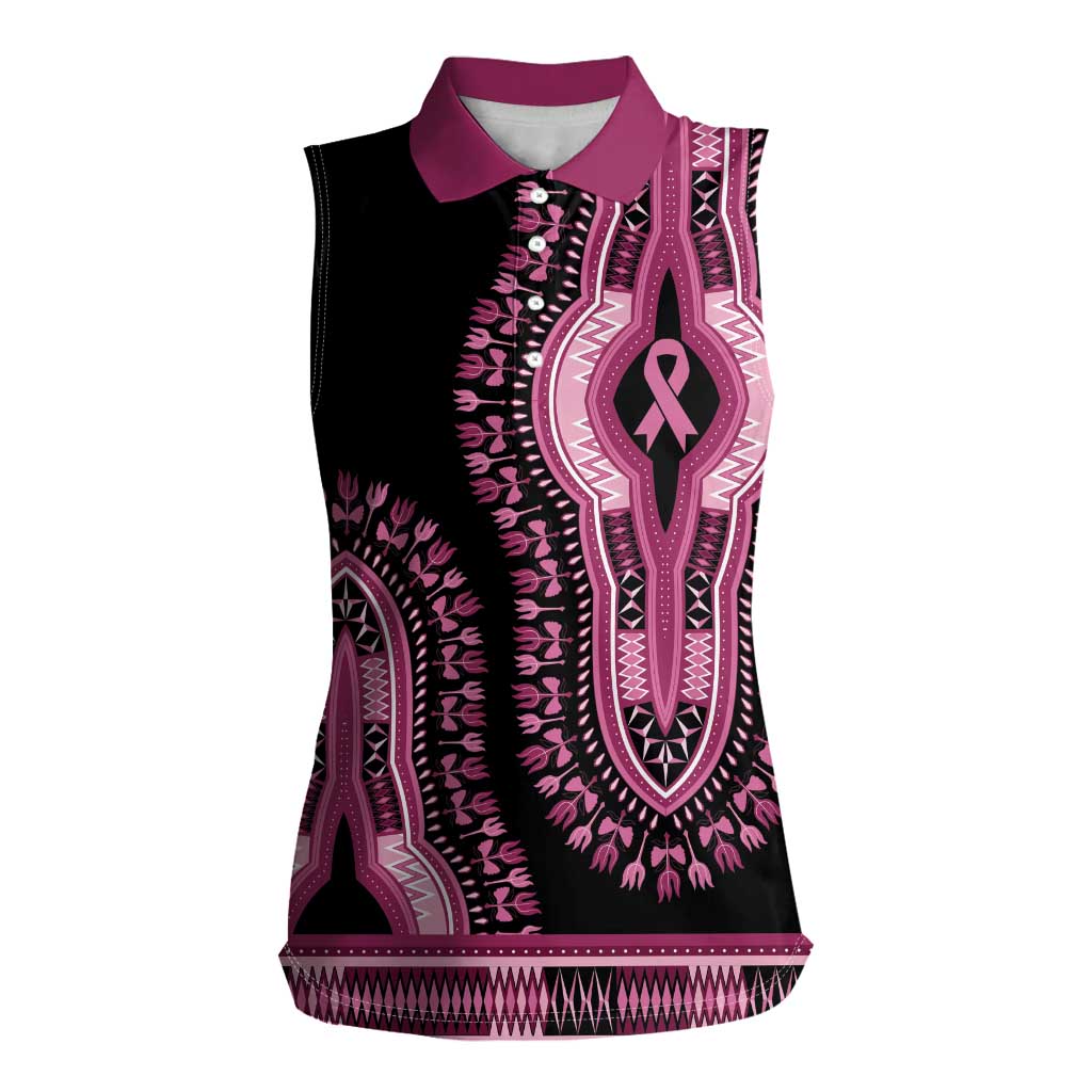 Breast Cancer Awareness Pink Ribbon Women Sleeveless Polo Shirt Dashiki Style - Wonder Print Shop