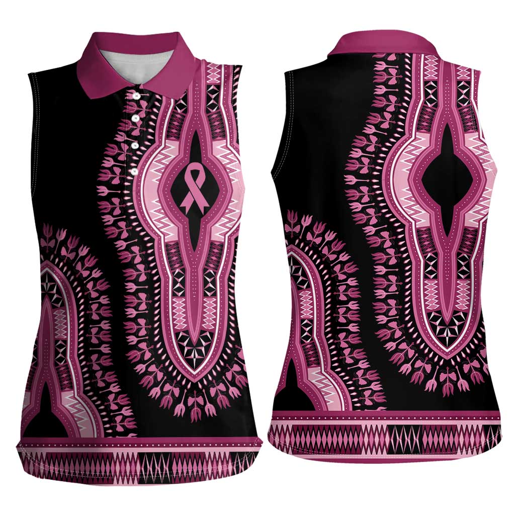 Breast Cancer Awareness Pink Ribbon Women Sleeveless Polo Shirt Dashiki Style - Wonder Print Shop