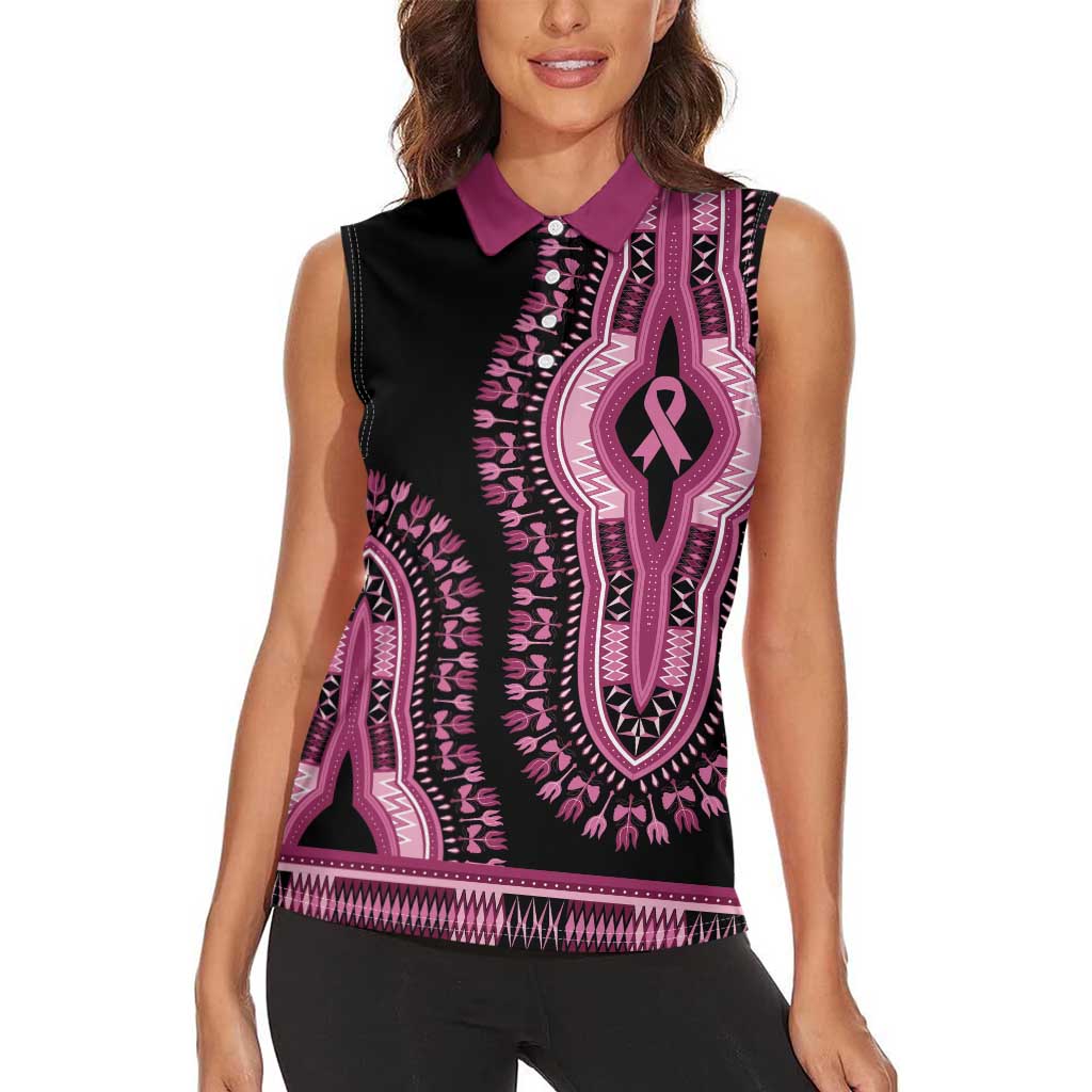 Breast Cancer Awareness Pink Ribbon Women Sleeveless Polo Shirt Dashiki Style - Wonder Print Shop