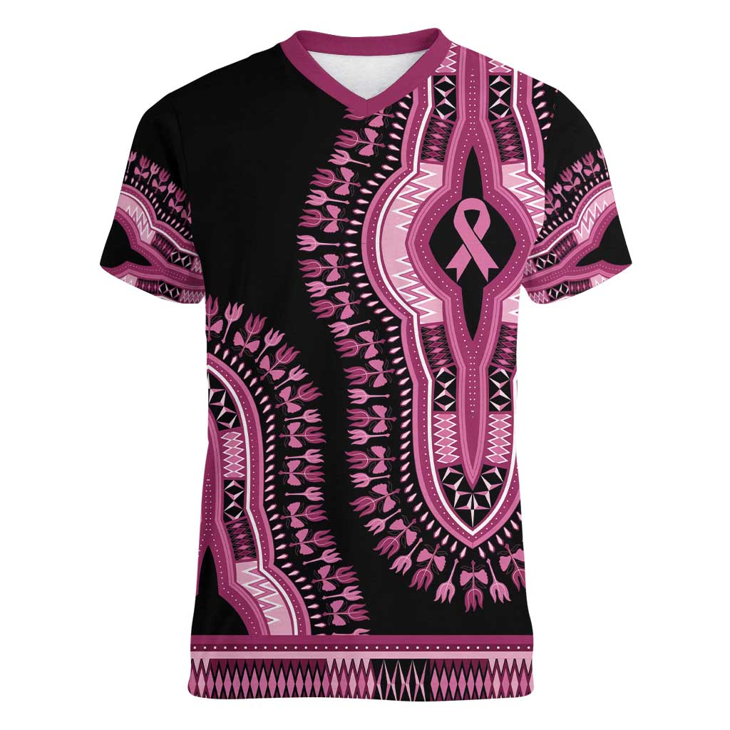Breast Cancer Awareness Pink Ribbon Women V-Neck T-Shirt Dashiki Style - Wonder Print Shop