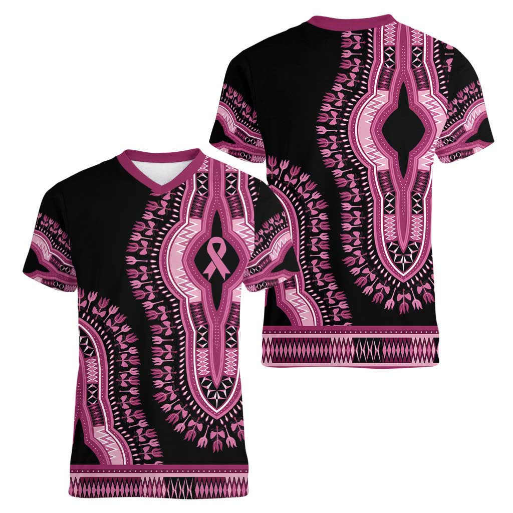 Breast Cancer Awareness Pink Ribbon Women V-Neck T-Shirt Dashiki Style - Wonder Print Shop