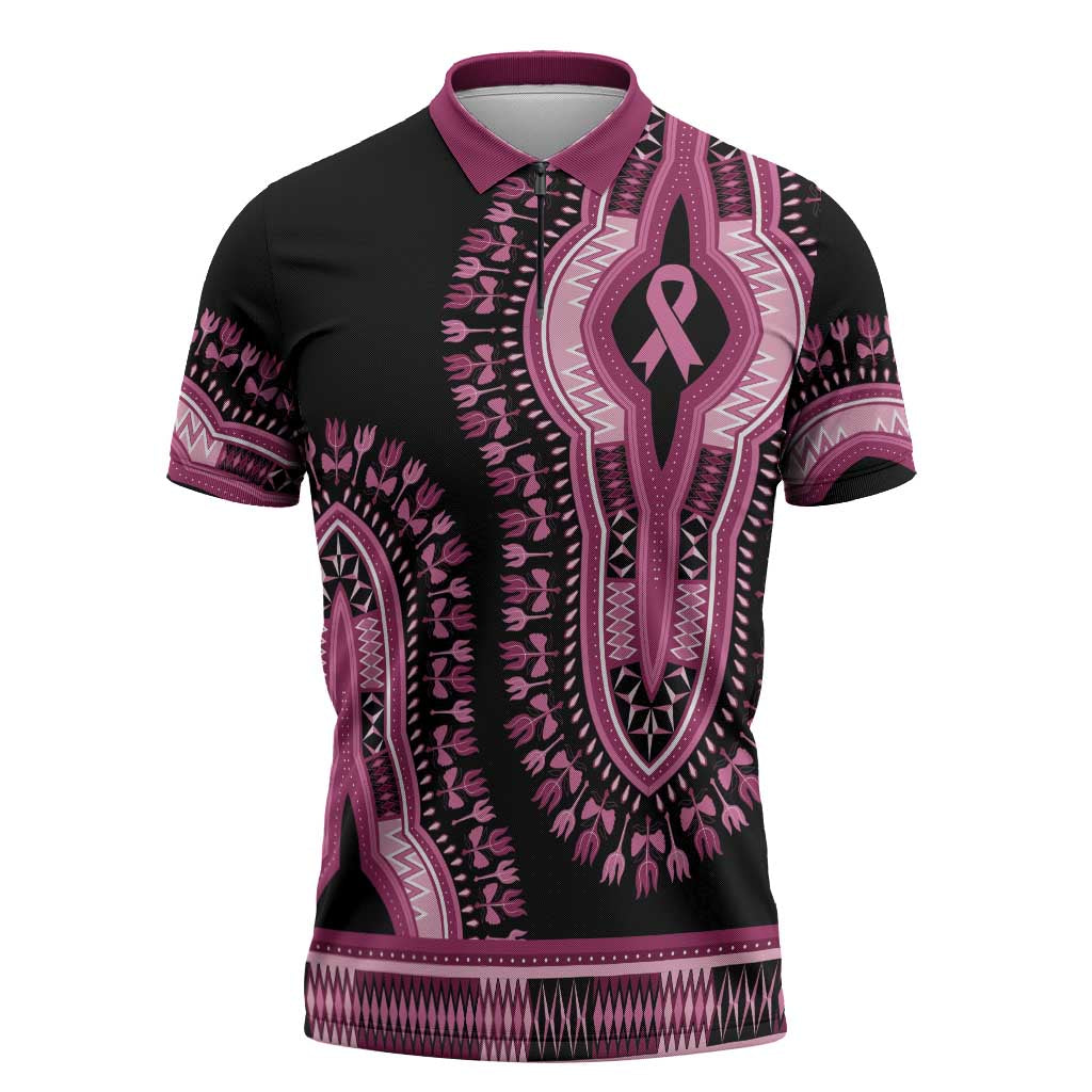 Breast Cancer Awareness Pink Ribbon Zipper Polo Shirt Dashiki Style - Wonder Print Shop