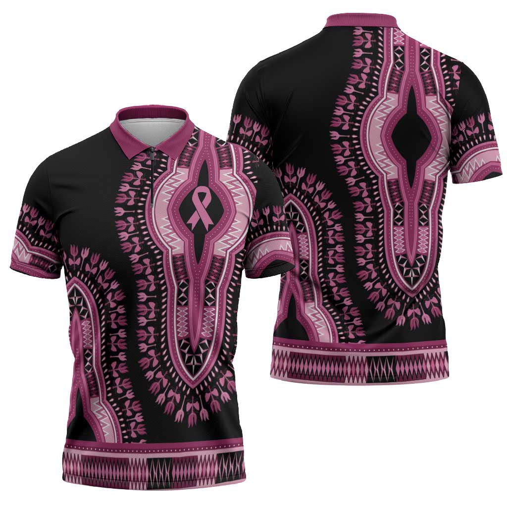 Breast Cancer Awareness Pink Ribbon Zipper Polo Shirt Dashiki Style - Wonder Print Shop