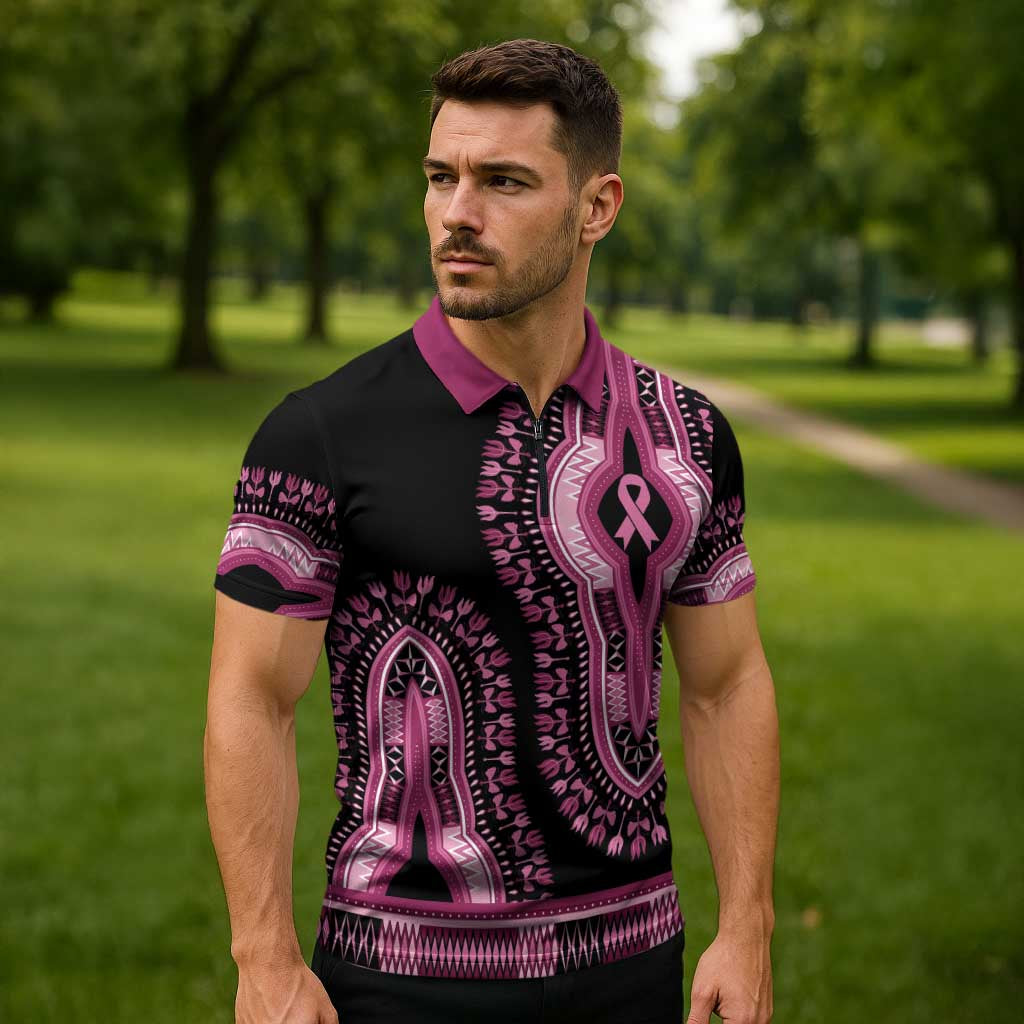 Breast Cancer Awareness Pink Ribbon Zipper Polo Shirt Dashiki Style - Wonder Print Shop