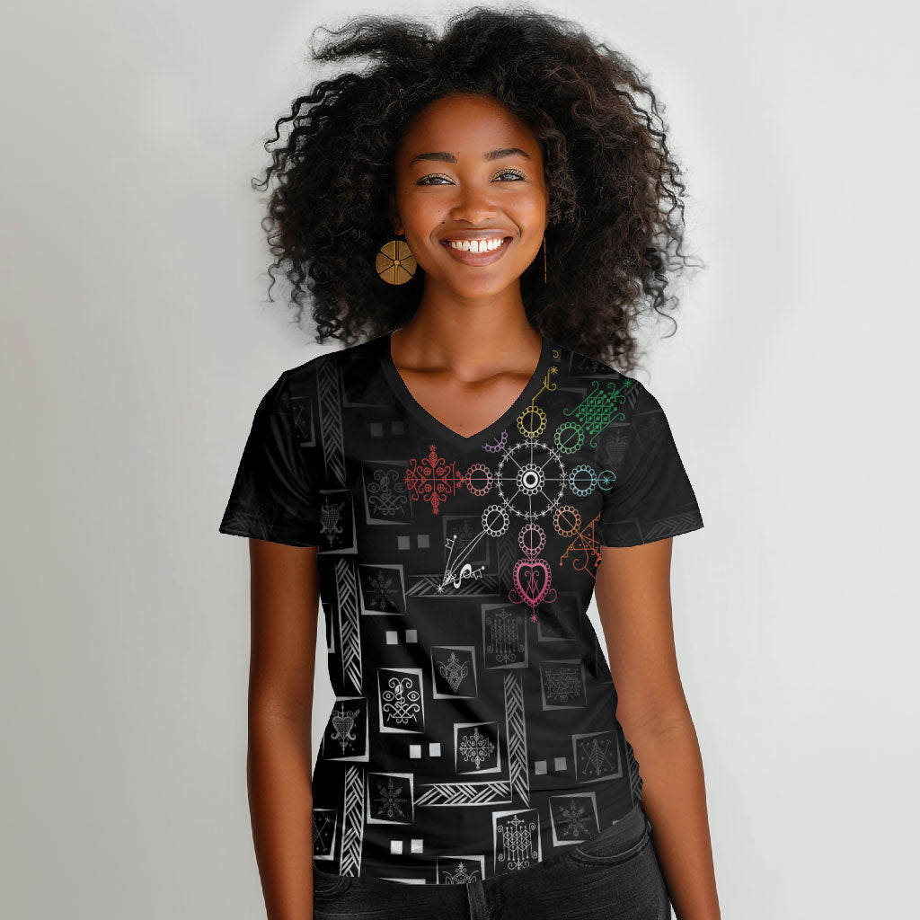 Afro Haiti Vodou Milokan Women V-Neck T-Shirt
