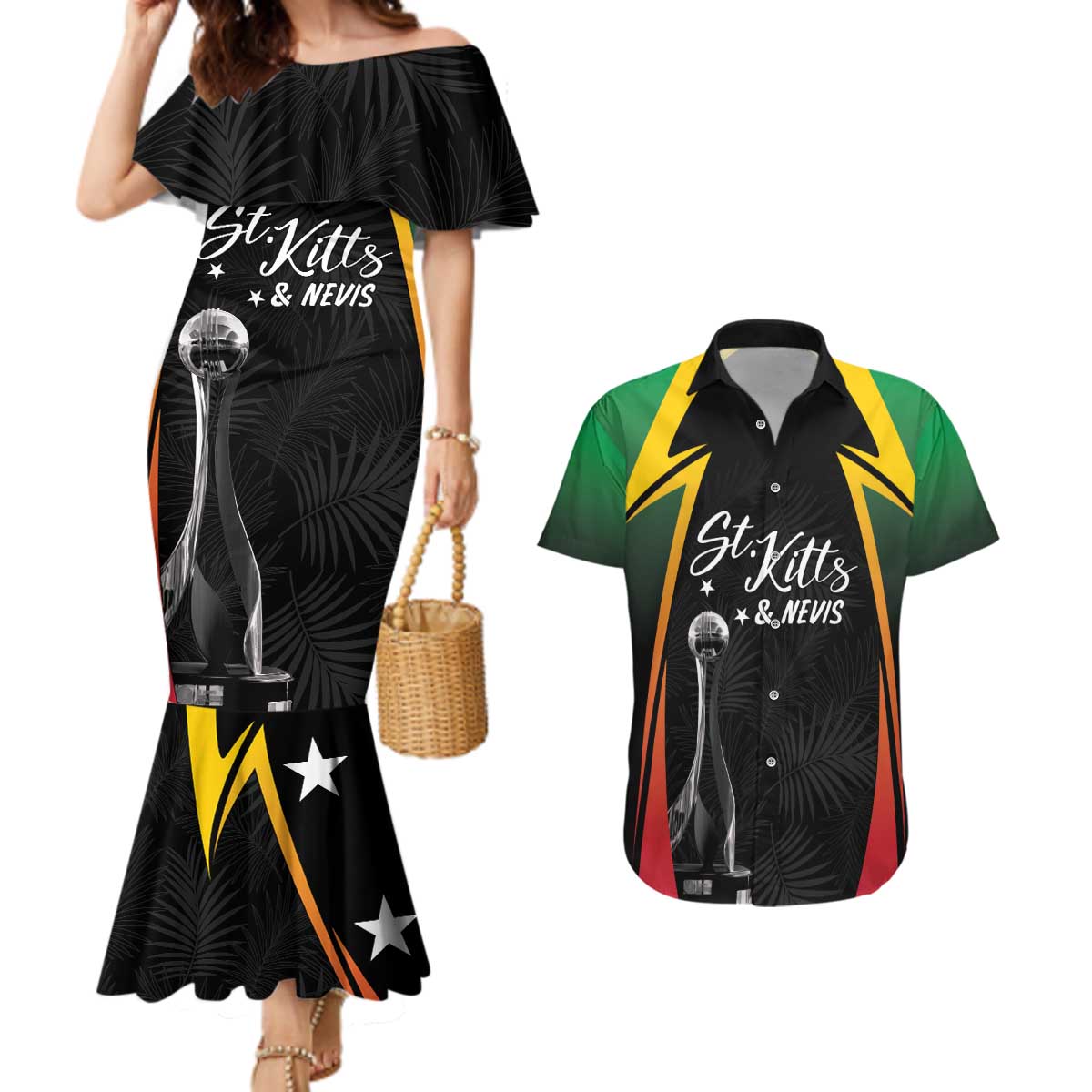 St Kitts Nevis Cricket Custom Couples Matching Mermaid Dress and Hawaiian Shirt Go Patriots Go Champions - Wonder Print Shop