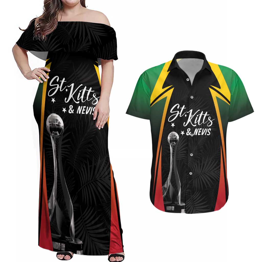 St Kitts Nevis Cricket Custom Couples Matching Off Shoulder Maxi Dress and Hawaiian Shirt Go Patriots Go Champions - Wonder Print Shop
