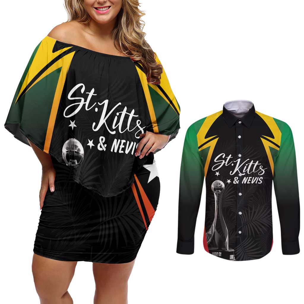 St Kitts Nevis Cricket Custom Couples Matching Off Shoulder Short Dress and Long Sleeve Button Shirt Go Patriots Go Champions - Wonder Print Shop