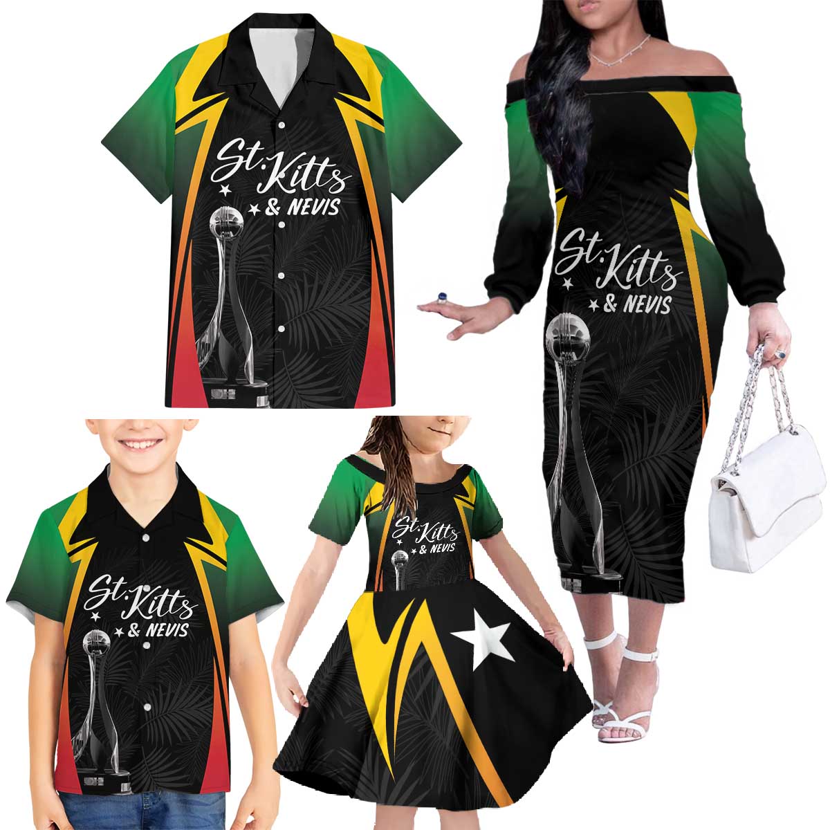 St Kitts Nevis Cricket Custom Family Matching Off The Shoulder Long Sleeve Dress and Hawaiian Shirt Go Patriots Go Champions - Wonder Print Shop