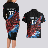 Antigua and Barbuda Cricket Custom Couples Matching Long Sleeve Bodycon Dress and Hawaiian Shirt Falcons Wings - Take Off - Wonder Print Shop