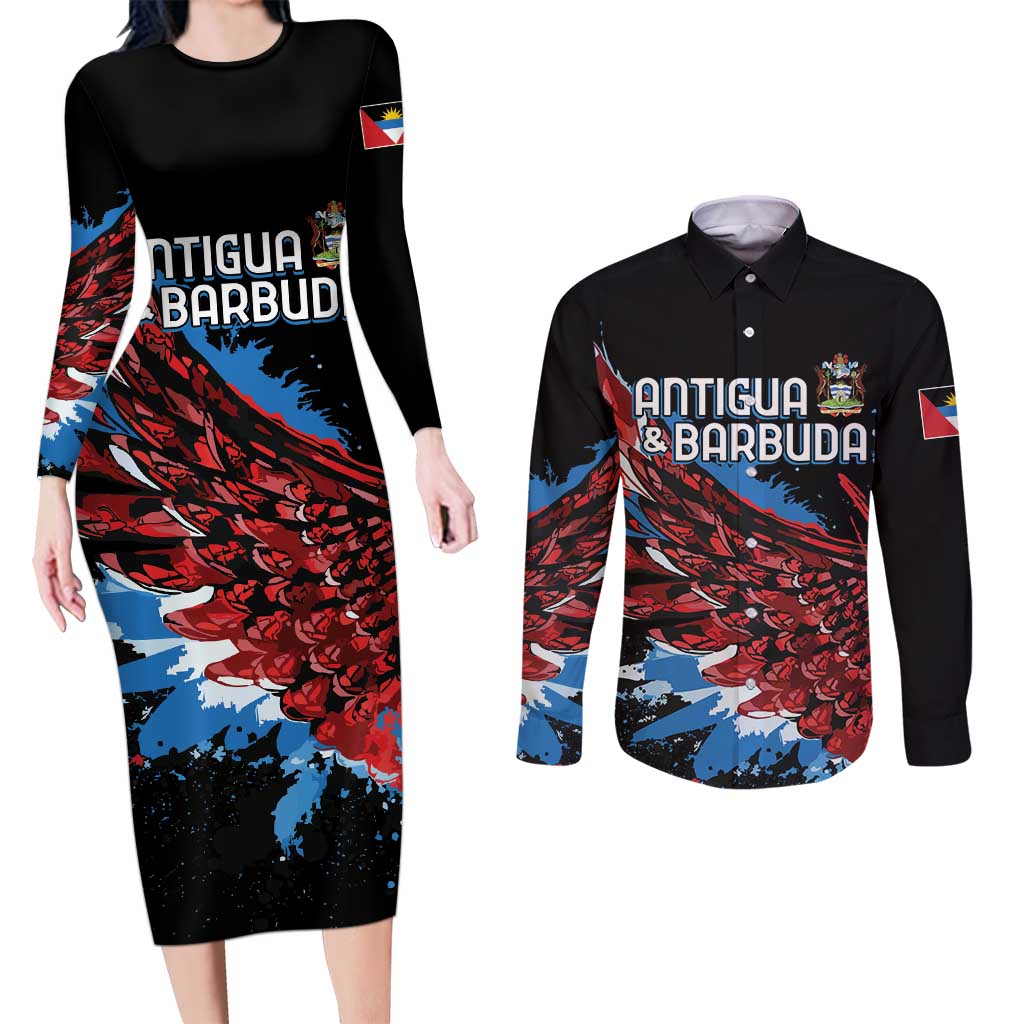 Antigua and Barbuda Cricket Custom Couples Matching Long Sleeve Bodycon Dress and Long Sleeve Button Shirt Falcons Wings - Take Off - Wonder Print Shop