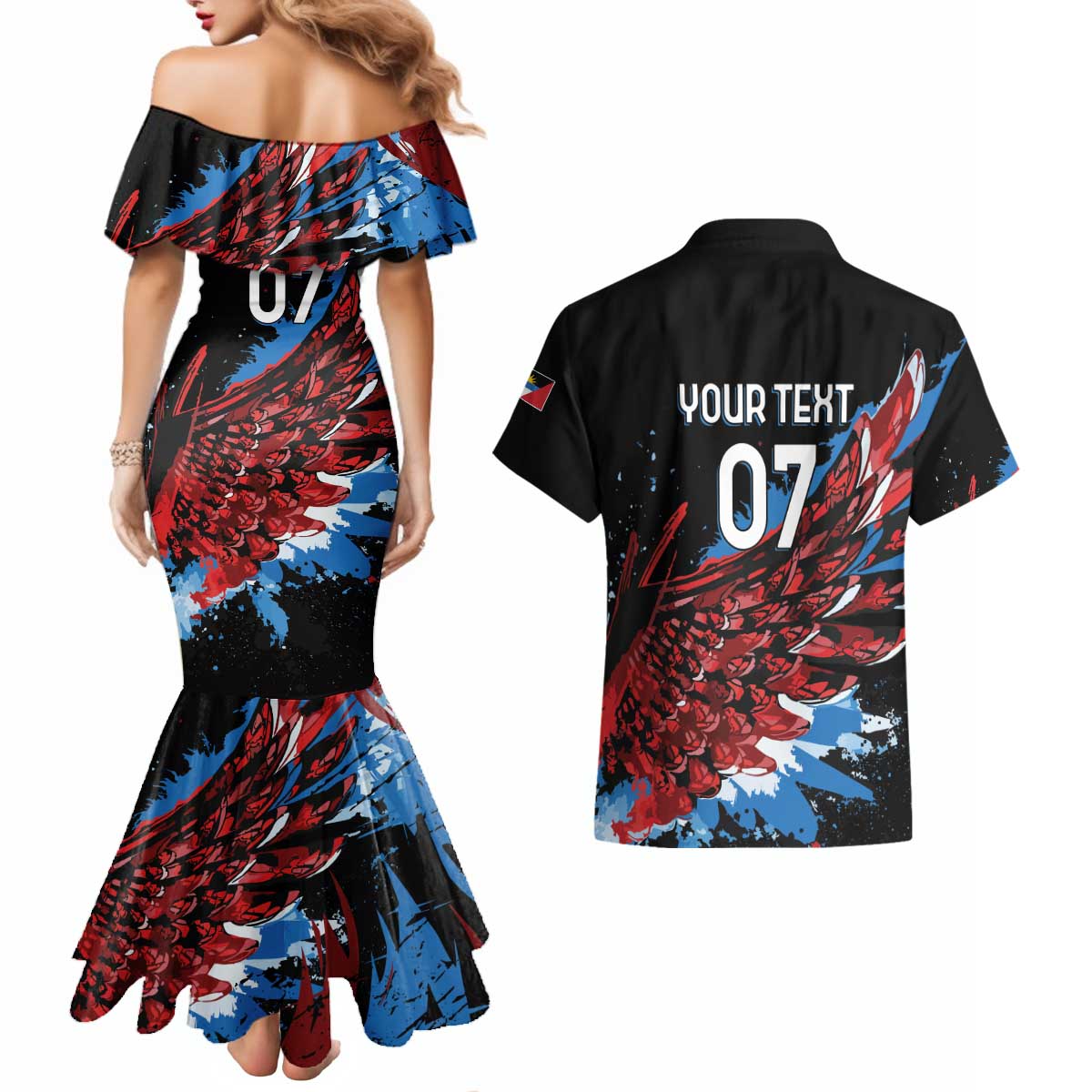Antigua and Barbuda Cricket Custom Couples Matching Mermaid Dress and Hawaiian Shirt Falcons Wings - Take Off - Wonder Print Shop
